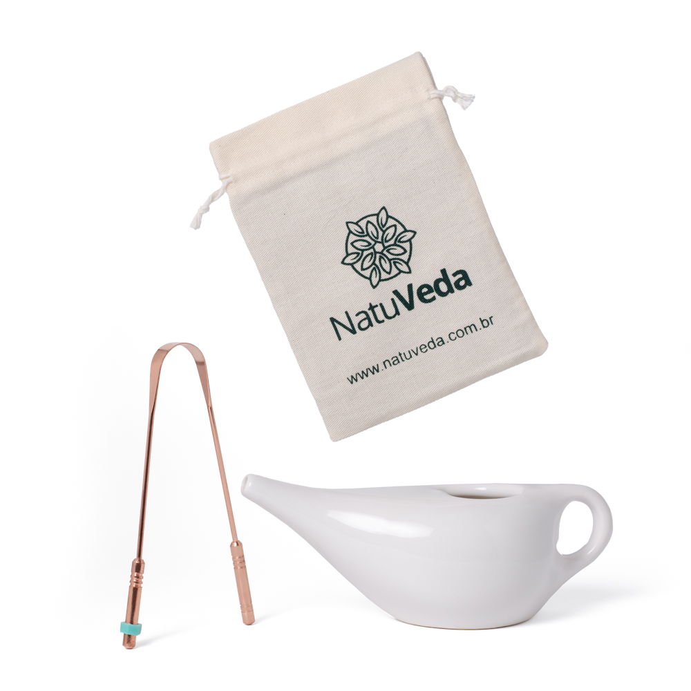 Kit com 1 Neti Pot 320ml + 1 Raspador de Lingua em Cobre Puro